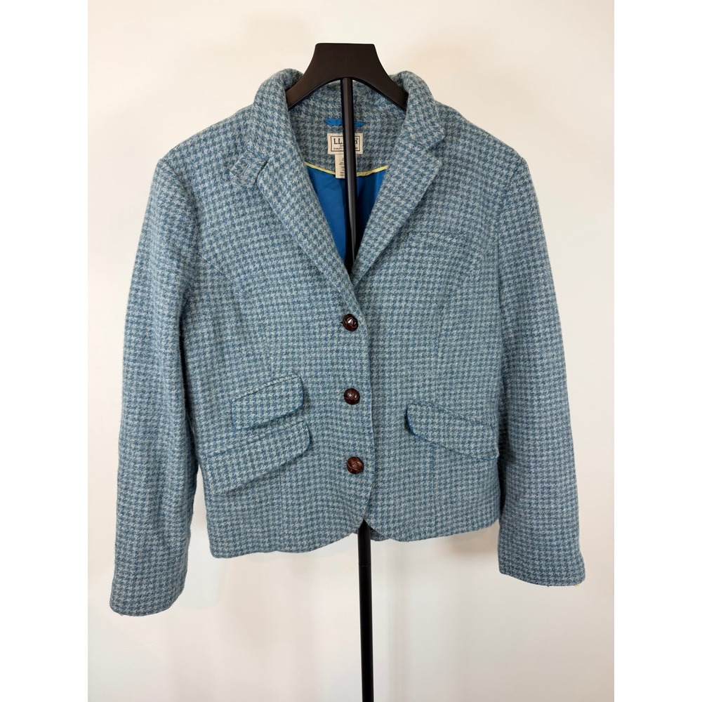 LL Bean Blue Houndstooth Wool Blend Blazer Jacket 16 Reg 0JQT2 Mandarin Collar